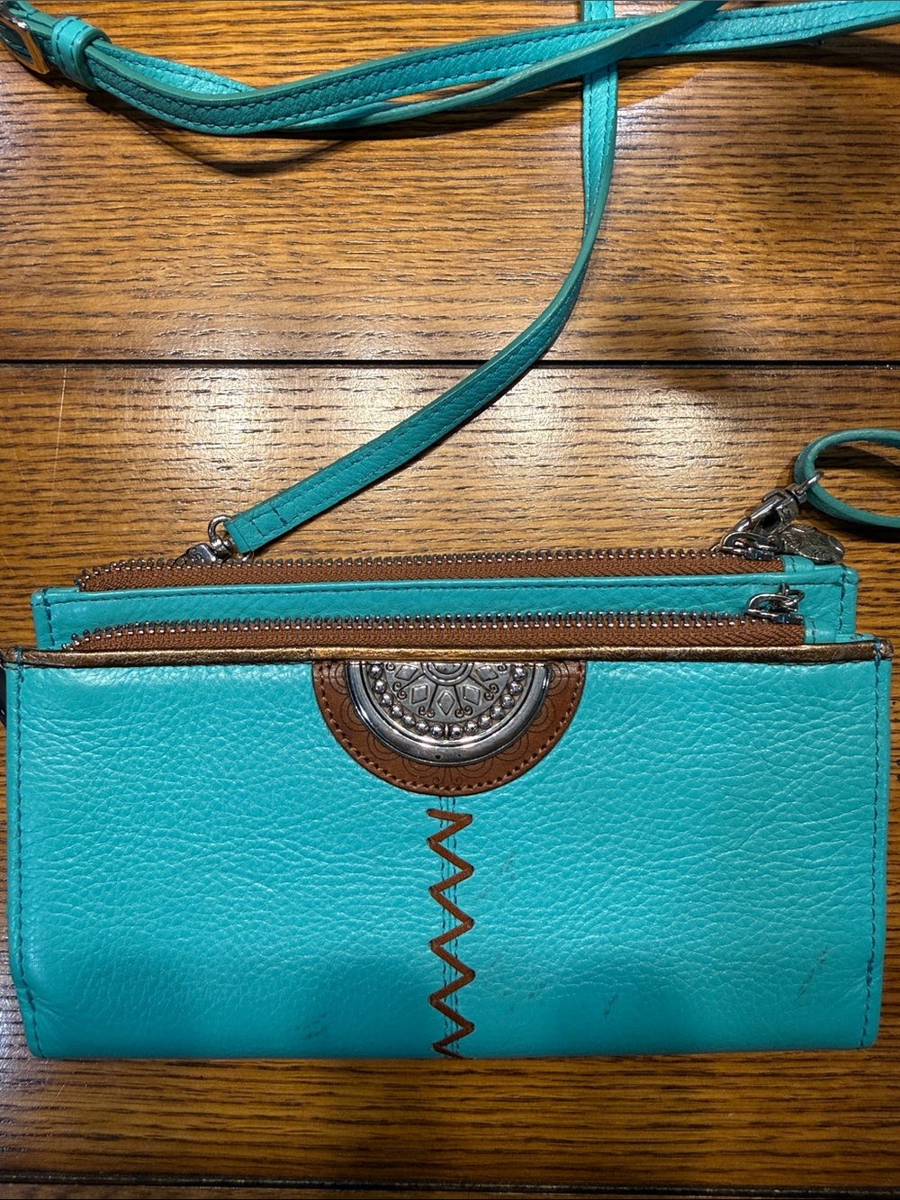 Turquoise Brighton Crossbody Wallet Purse with Brown Trim